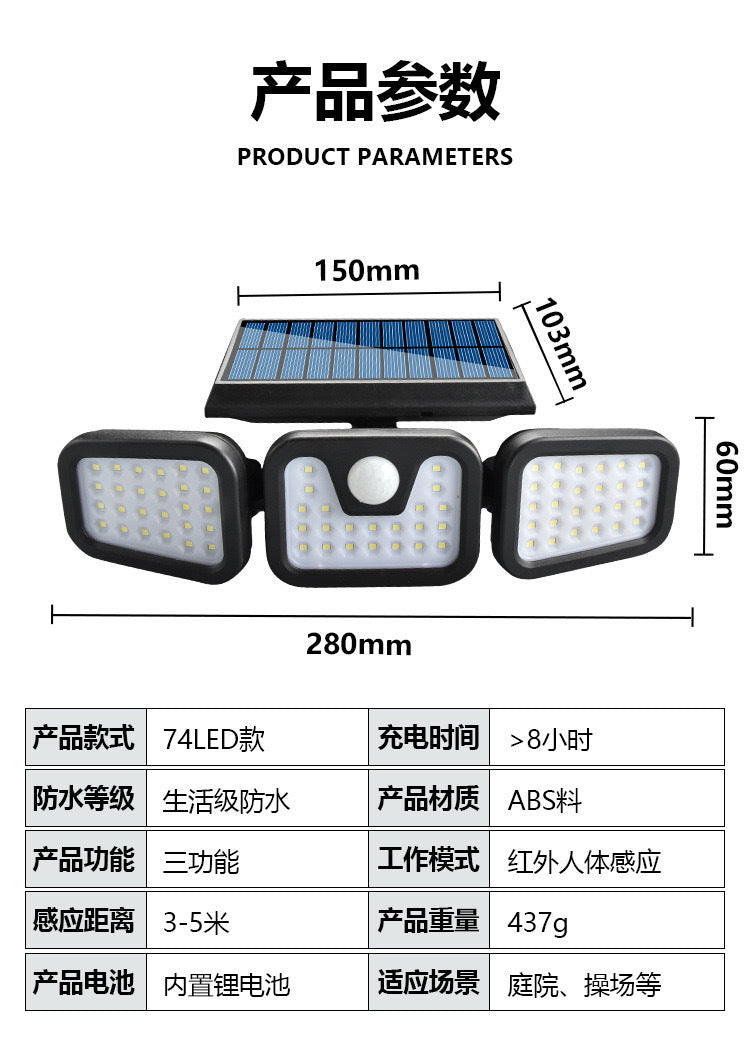 New Solar LED Three-Head Wall Light for Outdoors